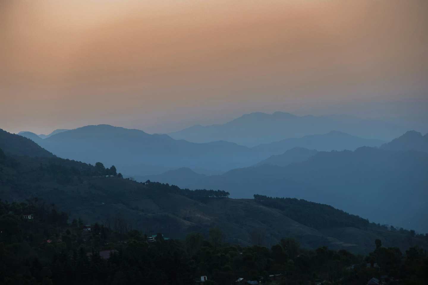 Dhauladhar foothills at dusk, seen from Bir