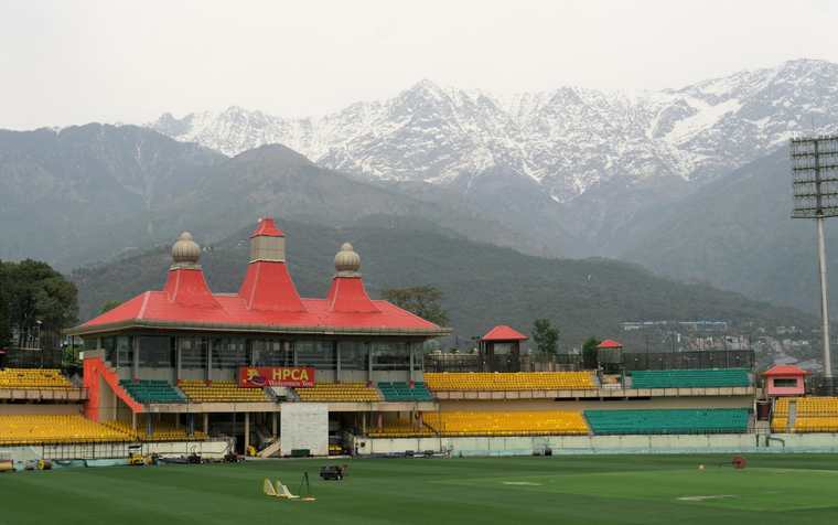 HPCA cricket stadium in Dharamshala below the Dhauladhar